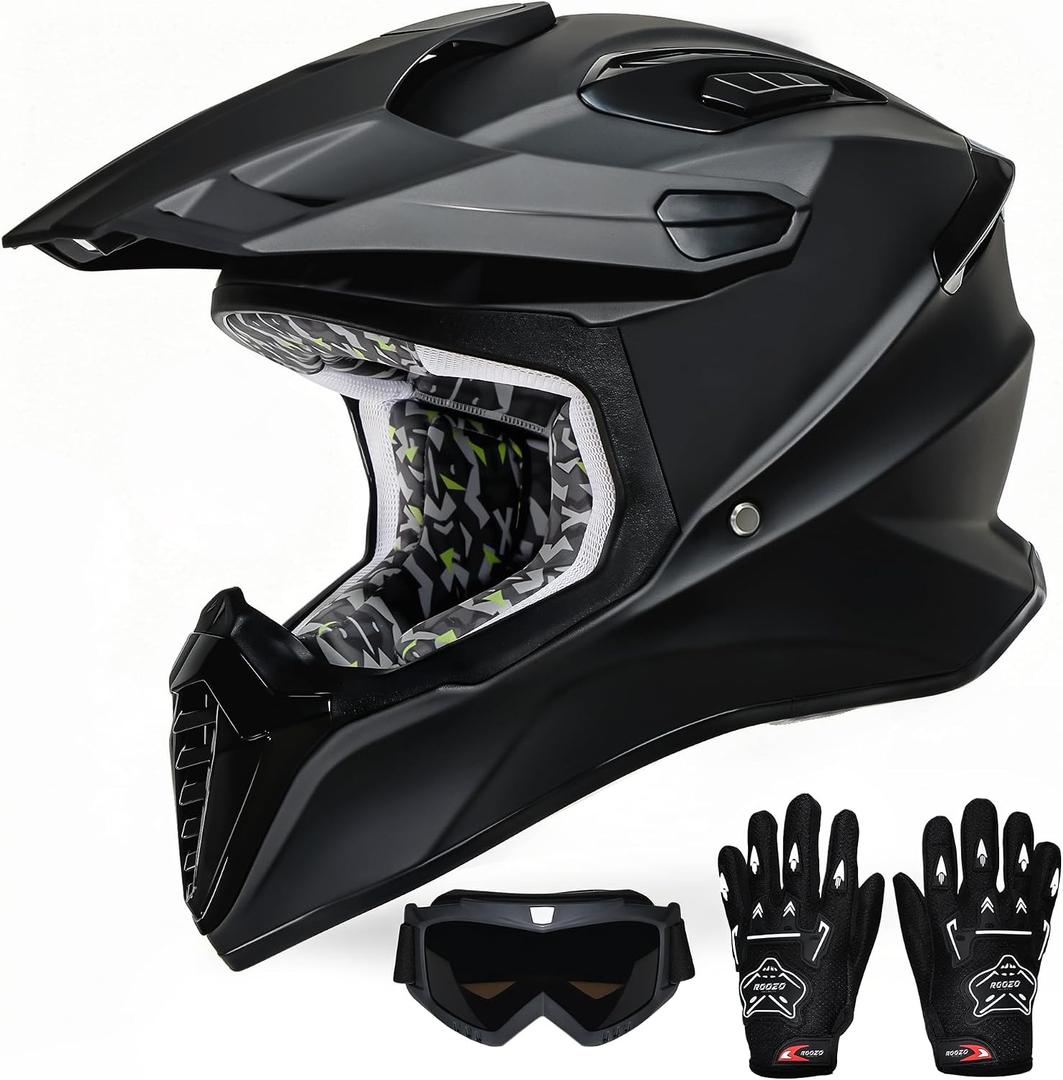 Youth Dirt Bike Helmet Kids Full Face Motorcycle Helmet for Off-Road ATV Street Riding, DOT Approved Kids Motocross Helmet with Goggles & Gloves, X-Large, Black