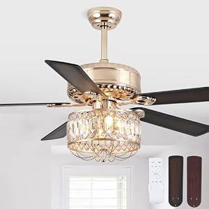 Kviflon 52 Inch Crystal Fandelier Chandelier Ceiling Fans with Lights Gold