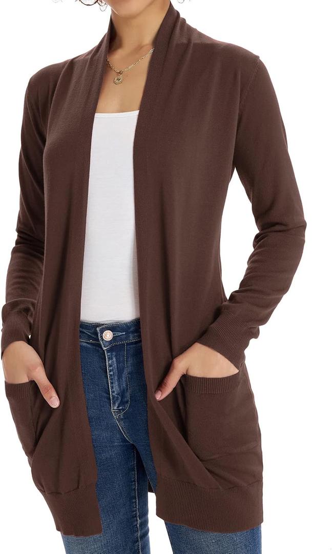 GRACE KARIN Women Lightweight Cardigan Sweaters with Pocket Long Sleeve Shrugs (Large, Pecan)