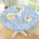 misaya Round Fitted Tablecloth with Elastic Edge, 100% Waterproof Oil Proof Plastic Table Cover, Vinyl Flannel Backed Tablecloth Fits 36"-44" Round Tables for Dinner, Outdoor, Picnic, Blue Leaves