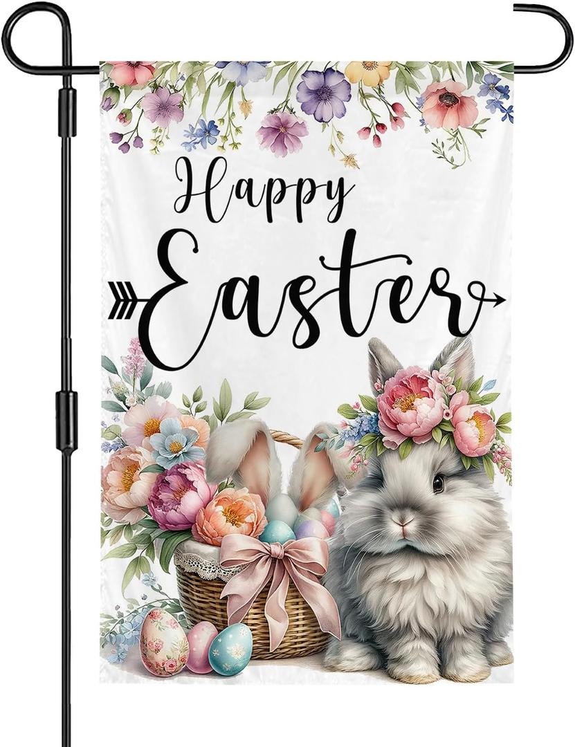 2 x Easter Garden Flag 12 x 18 Inch Double Sided Happy Easter Bunny Flags Spring Burlap Flowers Easter Eggs Yard Flag for Outside Holiday Rustic Farmhouse Yard Outdoor Decoration
