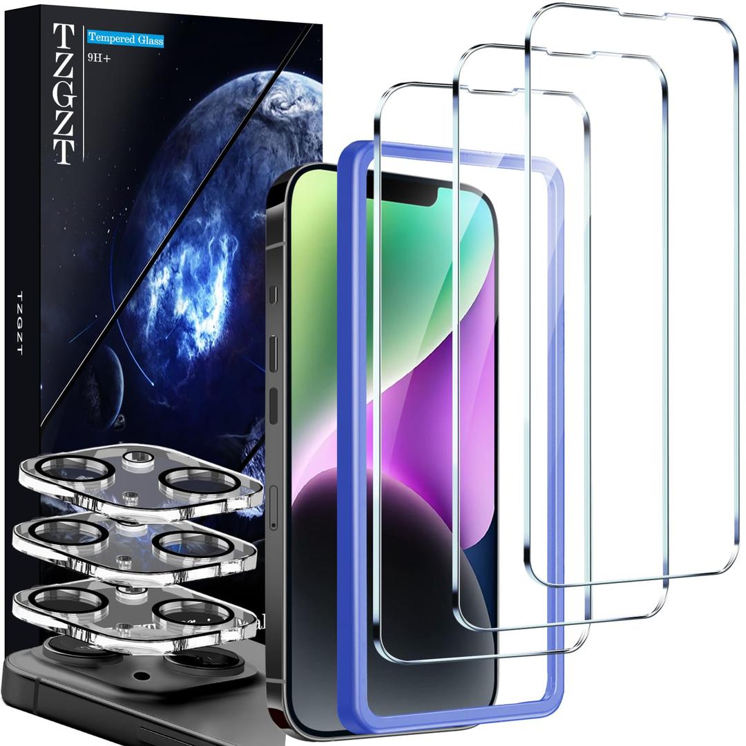 TZGZT [True 9H+ Shatterproof] 3 Pack for iPhone 14 Screen Protector Tempered Glass Film, with 3 Pack Camera Lens Protector Accessories, Phone Case Friendly, with Alignment Frame, Ultra HD