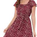Allegra K Women's Midi Floral Chiffon Dress Flutter Sleeve Belted Square Neck Ruffled Dress (X-Large, Burgundy)