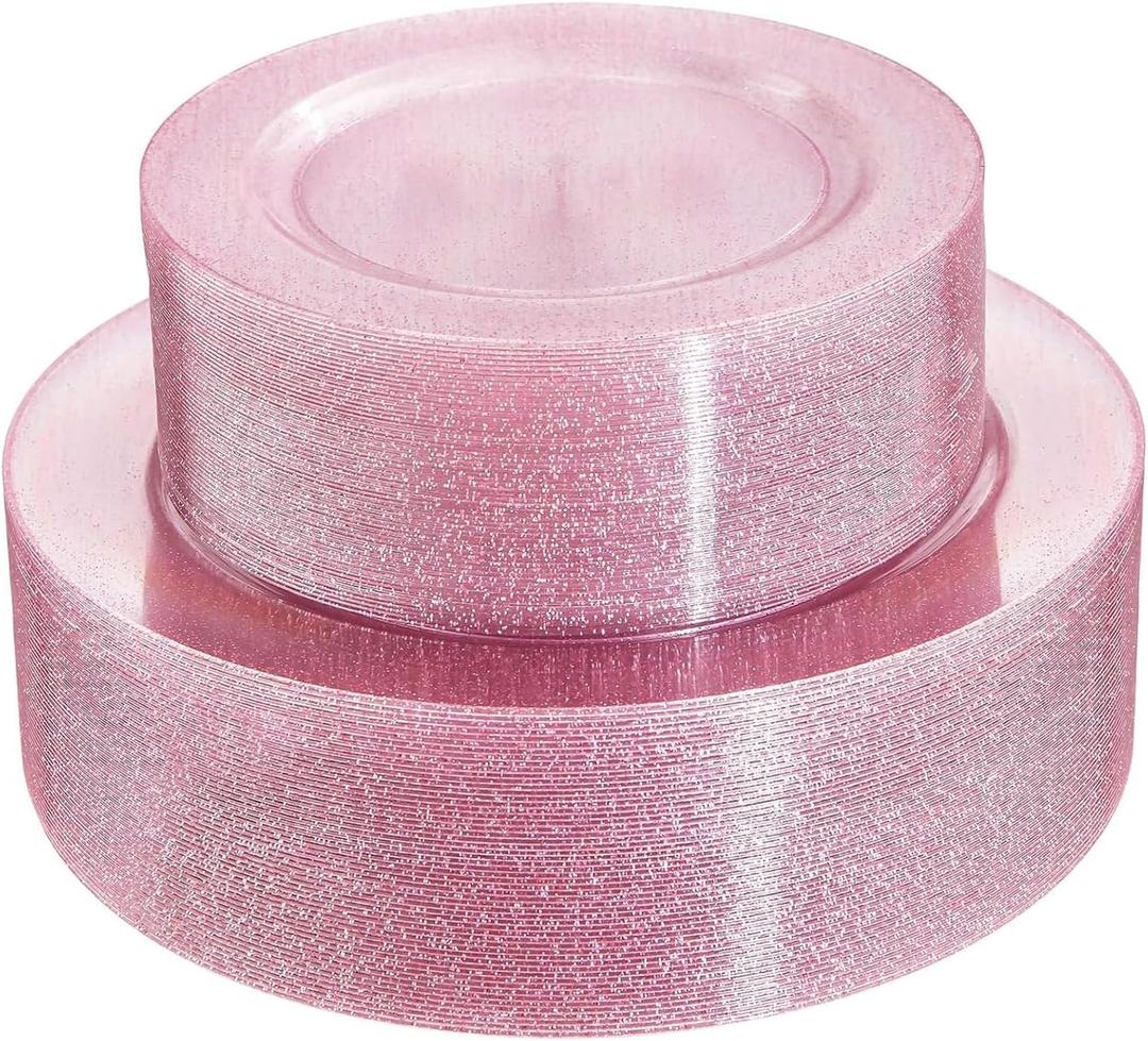 WDF 120pcs Pink Plastic Plates Disposable - Clear Pink Glitter Plates including 60PCS Dinner Plates 10.25inch and 60PCS Salad Plates 7.5inch for Wedding/Baby Shower/Spring/Birthday (Rose Gold Glitter)