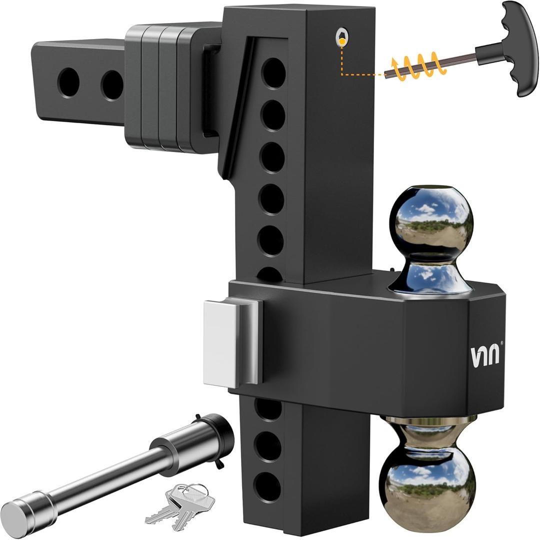 VNN Adjustable Drop Hitch, Dual-Ball(2'', 2-5/16'') Adjustable Hitch, Fits 2-Inch Receiver, 10 Inch Drop Hitch, 15,000 LBS GTW-Truck Trailer Hitch, Heavy Duty Solid Ball Mount, Black, VN0014 (2 Inch 10 Drop)