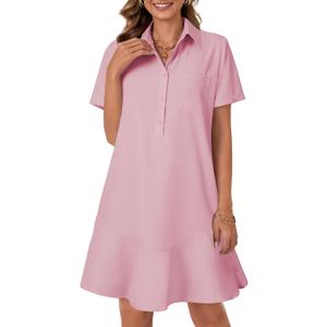 OPOIPIN Women's Collared V Neck Stripe Short Sleeve Button UP Ruffle Hem Shirt Tunic Mini Dress (Pink)