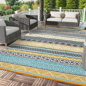 GAOMON Outdoor Rug 9'x12' Waterproof Rug for Patio Decor, Foldable Reversible Plastic Straw Area Rugs Mat for Camper, Outside Carpet for Deck, Porch, Picnic, Beach, Teal/Yellow (Bohemia)