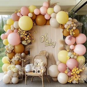 Pink Yellow Brown Balloon Garland Double Stuffed Pastel Light Pink Yellow White Sand Balloons Balloon Arch Kit for Birthday Baby Shower Wedding Bee Bear Theme Fall Party Decorations