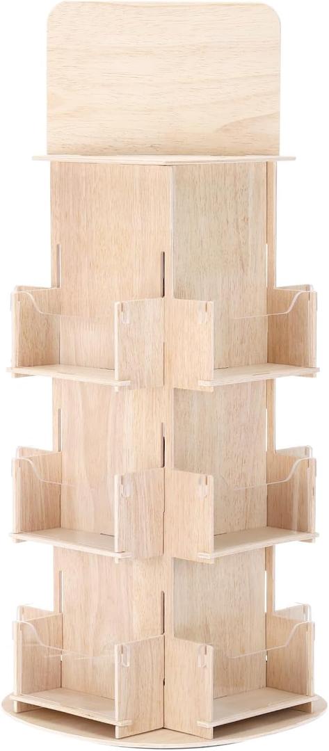 PATIKIL Rotating Wooden Display Rack, 3 Tier Rotating Display Organizer for Greeting Card Coffee Bag Retail Tabletop Display Stand, Wood Color