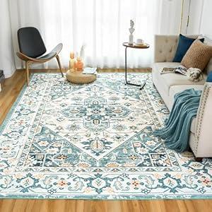 VK VK·LIVING Machine Washable Rug 6'x9' Vintage Design Washable Area Rugs with Non Slip Rugs for Living Room Bedroom Traditional Woven Rug Carpet Stain Resistant Dining Home Office Boho Rug (Green)