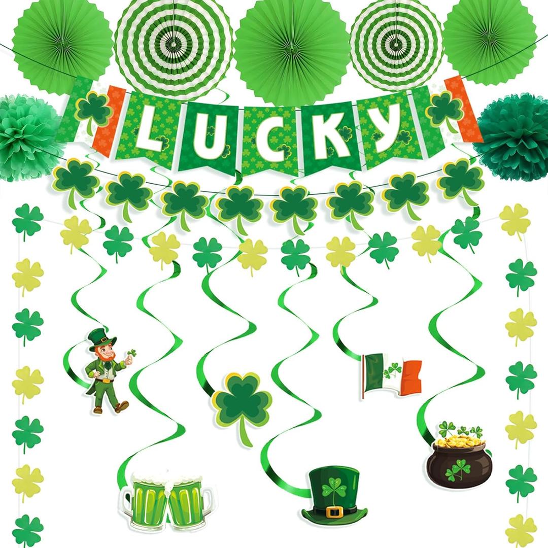 St. Patricks Day Party Decorations Set, Green Lucky Theme Decor with LUCKY Banner, Clover Hanging Swirls with Cutouts, Paper Fans & Tissue Pom Poms, Party Supplies for Home Office Classroom