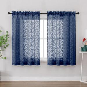 Gwine Navy Blue Curtains 45 Inch Length 2 Panels, Light Filtering Leaf Clip Jacquard Textured Short Window Curtains, Rod Pocket Farmhouse Window Treatments Curtain for Bedroom Living Room, 42" Wx45 L