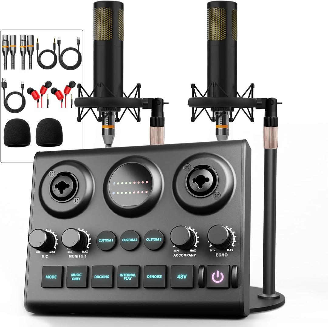 Podcast Equipment Bundle for 2, Audio Mixer with Dynamic Podcast Microphone, 48V Phantom Power, Voice change for Recording, Streaming, Gaming, Tiktok, PC, Phone, Guitar