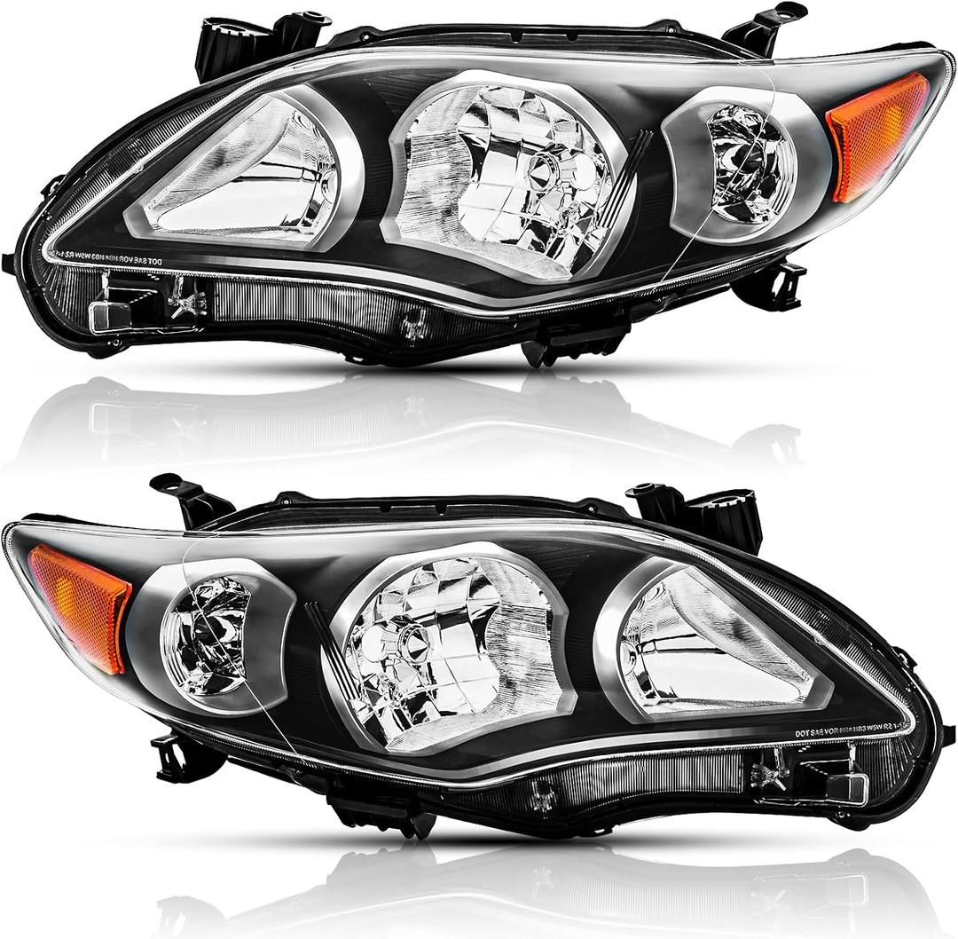 Headlights Assembly Pair for 2011 2012 2013 Toyota Corolla S L LE CE Headlamps Headlight Head Lights Replacement Driver and Passenger Side,Black Housing Amber Reflector