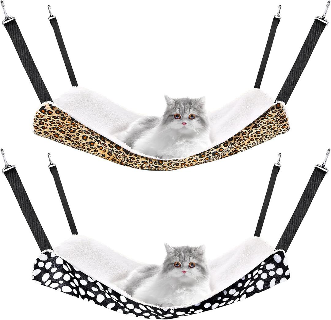 Jetec 2 Pieces Reversible Cat Hanging Hammock Soft Breathable Pet Cage Hammock with Adjustable Straps and Metal Hooks Double Sided Hanging Bed for Small Dogs Rabbits(Leopard and Dot,M)