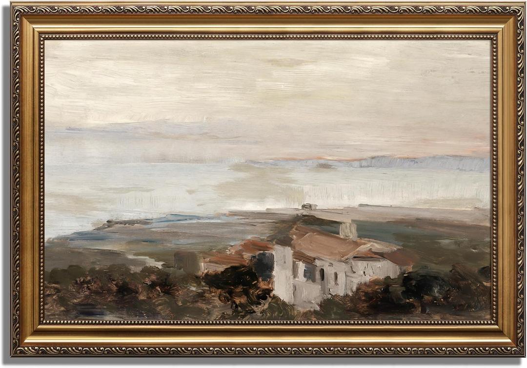 KBKBART Vintage Framed Wall Art for Living Room, Retro Muted European Coastal Prints Painting, Neutral Warm Tone Landscape Art Wall Decor, Gold Framed Oil Painting Canvas Artwork for Farmhouse Wall Decor, 16"x24"