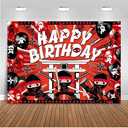 Mocsicka Ninja Birthday Backdrop - Red & Black Ninja Warrior Themed Party Supplies with Happy Birthday Banner (6x4ft)