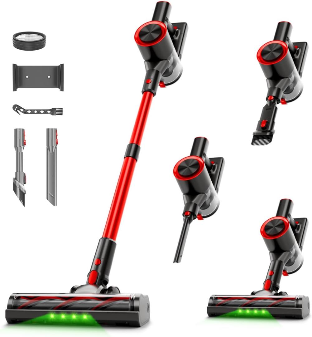 Cordless Stick Vacuum Cleaner, 40Kpa Powerful Suction Vacuum Cleaner with LED Headlight, Detachable Battery, 8-in-1 Lightweight Handheld Vacuums for Pet Hair Carpet and Hardwood Floor, Red