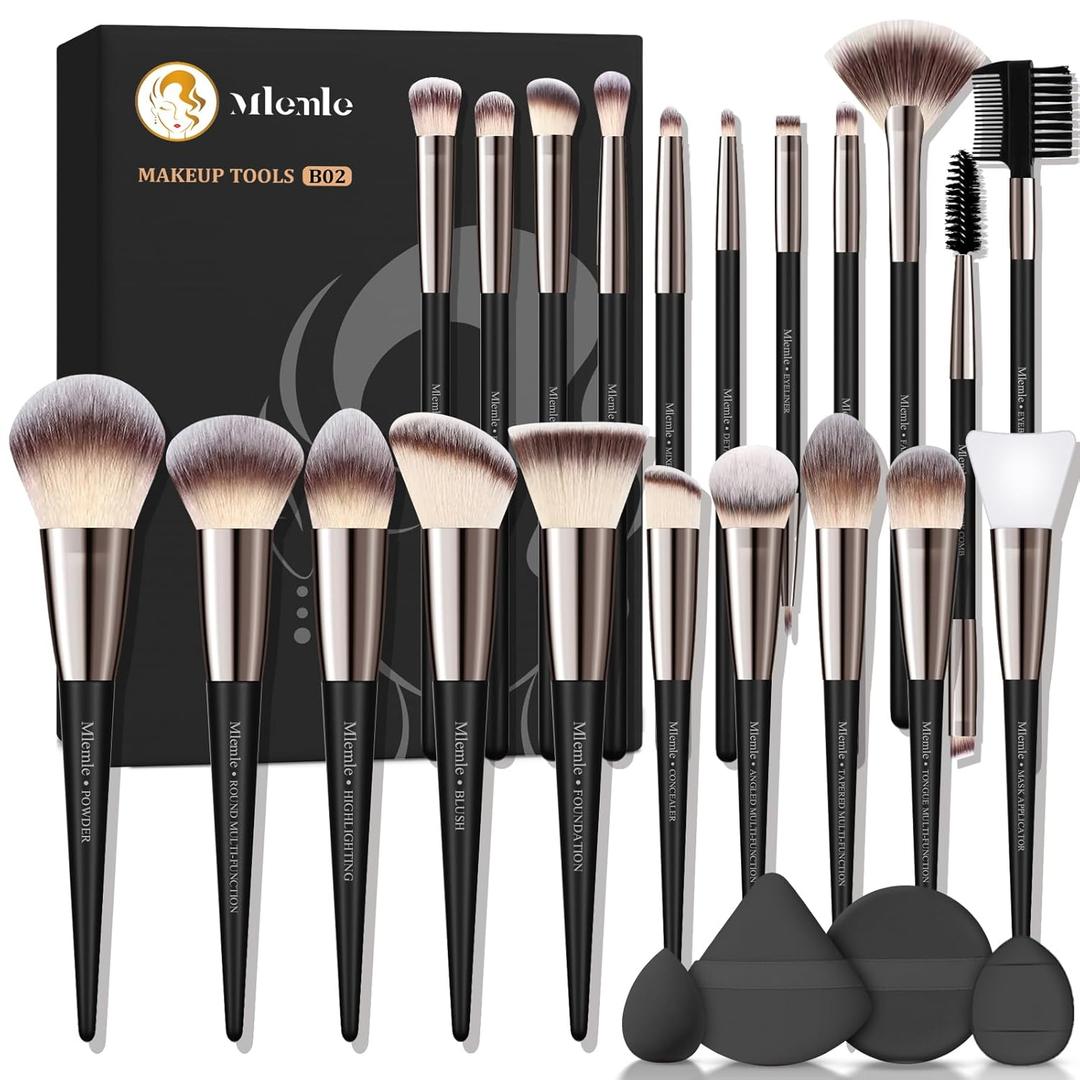 Makeup Brushes Set, Mlemle Professional 25 Pcs Makeup Kit, Include Powder Foundation Concealers Blush Eye shadows 21 Pcs Makeup Brushes and 2 Powder Puff, 2 Makeup Sponge(B02-CreamBlack)