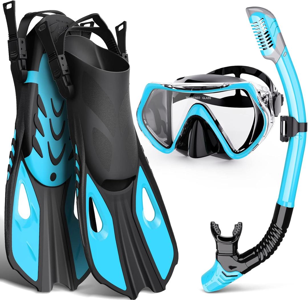 Mask Fin Snorkel Set, Snorkeling Gear for Adults with Panoramic View Mask, Dry Top Snorkel, Adjustable Swim Fins and Travel Bag, Man Woman Snorkel Gear for Swimming Snorkeling Diving (Large-X-Large, Blue)