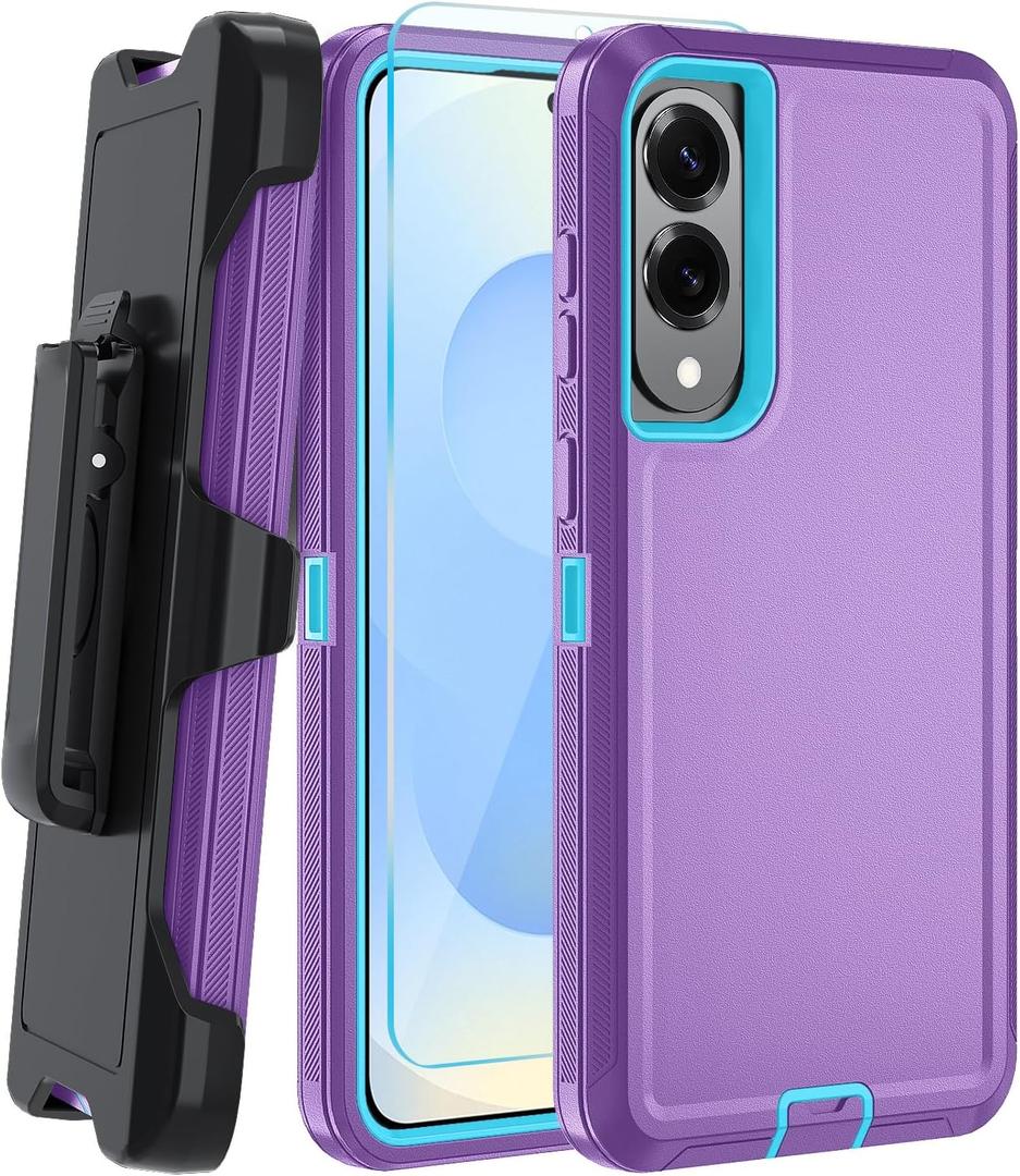for Samsung S25 Edge Case with HD Tempered Glass Screen Protector, for Galaxy S25 Edge Heavy Duty Phone Case (with Belt Clip-Light Purple/Sky Blue)