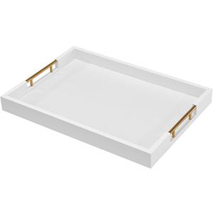 Large Serving Tray with Metal Handles -18×14 Inches Big Size Rectangular MDF Base with White Faux Leather Decorative Ottoman Tray Luxury Coffee Table Organizer Tray for Drinks, Jewelry & Home Decor