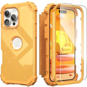 IDweel for iPhone 16 Pro Case with Screen Protector,Luxury 3 in 1 Shockproof Slim Fit Hybrid Heavy Duty Hard PC Cover Soft Silicone Bumper Full Body Anti-Fingerprint Case,Glitter Sundial Golden