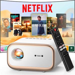 E1 Pro Netflix-Certified Smart Projector, 550 ANSI Lumens, WiFi Bluetooth, Auto Focus & Keystone, Native 1080P & 4K Support, Full-Sealed Optical Engine, Portable Home Theater for Indoor/Outdoor (Gold White)