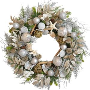 22 Inch Champagne Gold & Silver Seashell Wreath for Front Door, Coastal Summer Wreath with Natural Starfish, Abalone and Sand Dollars, Under The Sea Theme for Indoor Outdoor Decor