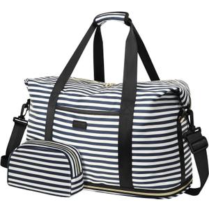 Expandable Travel Duffle Bags Weekender Overnight Bags for Women Men Hospital Bag for Women Labor Delivery with Toiletry Bag Waterproof (Blue Stripe)