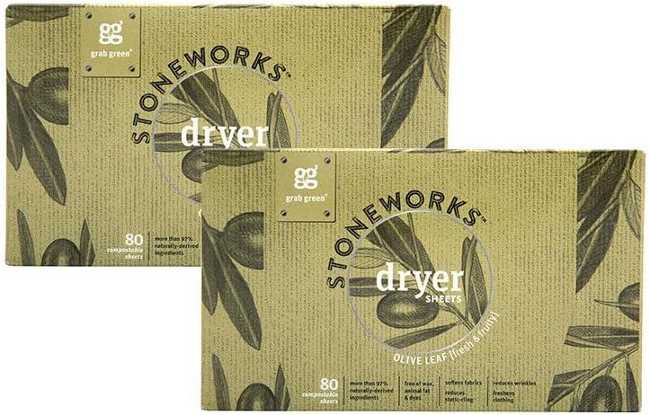 Grab Green Stoneworks Cruelty-Free Dryer Sheets | Softens Fabrics, Freshens Clothing & Reduces Static-Cling and Wrinkles | Plant Based | Olive Leaf Scent (160 Sheets) (80 Count (Pack of 1))