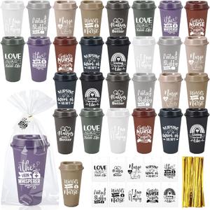 Jinei 30 Pack Nurse Appreciation Gifts 16 oz Plastic Tumblers Bulk Thank You Coffee Cups Reusable Water Bottle with Cards and Bags for Nurse Women Holiday Gifts(Lovely,Dusty)