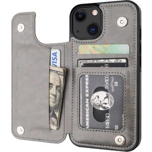 ONETOP Compatible with iPhone 13 Wallet Case with Card Holder, PU Leather Kickstand Card Slots Case, Double Magnetic Clasp Durable Shockproof Cover 6.1 Inch(Gray)