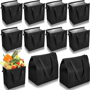10 Pcs Large Insulated Shopping Bags For Groceries 13 x 12 x 7 inches Reusable Cooler Bags Thermal Totes With Zippered Top For Hot Cold Food Delivery Refrigerator Pizza(Black)