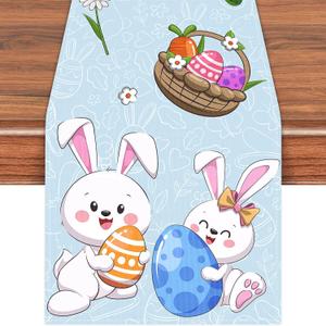 Labeol Easter Table Runner, 72x13 Inch Easter Eggs and Bunny Rabbit Blue Table Runner for Spring Party Kitchen Decor