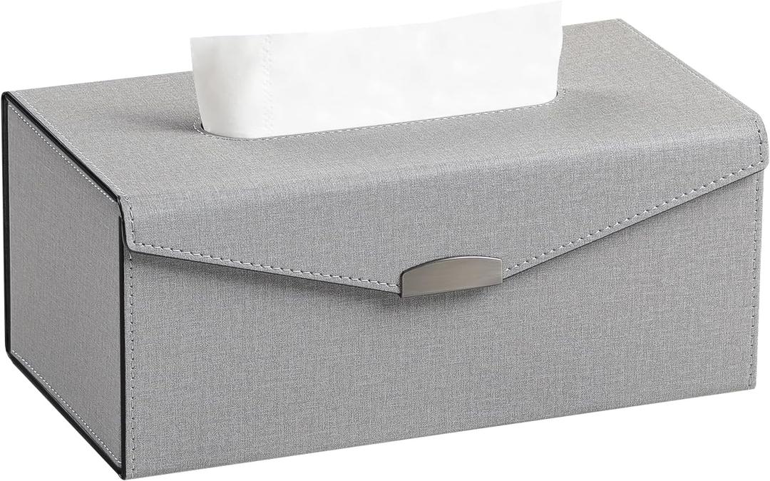 PU Leather Tissue Box Cover Rectangle, Foldable Tissue Box Holder for Home, Office, Bathroom (Grey, 4.3 inches high)