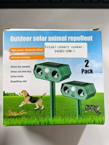 2 Pack Solar Animal Repeller, Ultrasonic Cat Repellent Outdoor for Yard, Waterproof Skunks Deterrent with Motion Sensor, Effective Deterrent Dogs, Raccoons, Deer, Squirrels 169415