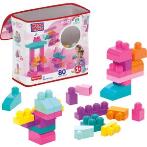 MEGA BLOKS First Builders Toddler Blocks Toys Set, Big Building Bag with 80 Pieces and Storage, Pink, Ages 1+ Years (Pink Bag)
