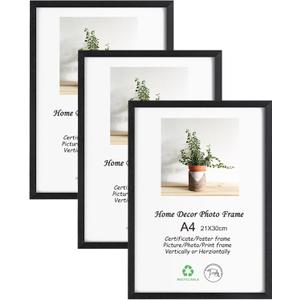 LYYYXGYP A4 Picture Frame Set of 3 Black Solid Wood Poster Painting A4 Paper 8.3x11.7 Diploma Certificate Frames with Plexiglass for Wall Hanging and Tabletop Display, 8.3x11.7-3PK