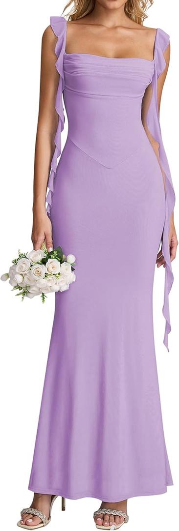 KUTUMAI Elegant Long Formal Wedding Guest Dresses for Women 2026 Ruffle Bodycon Cocktail Party Maxi Dress,Small
