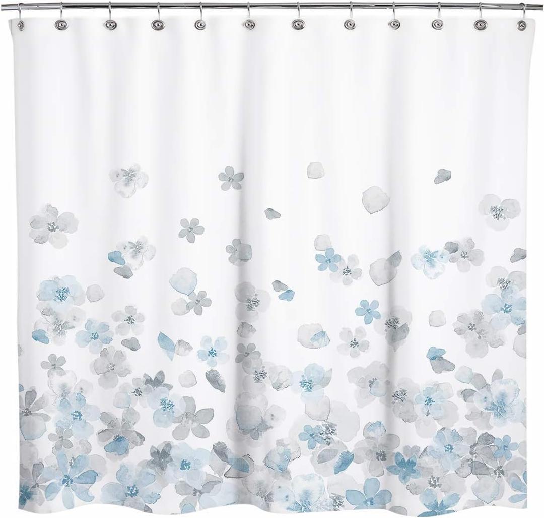 Sunlit Design Simple Style Blue and Gray Flower Blossoms Fabric Shower Curtains for Bathroom Decor with White Background, Machine Washable (71"W x 71"L (Pack of 1))
