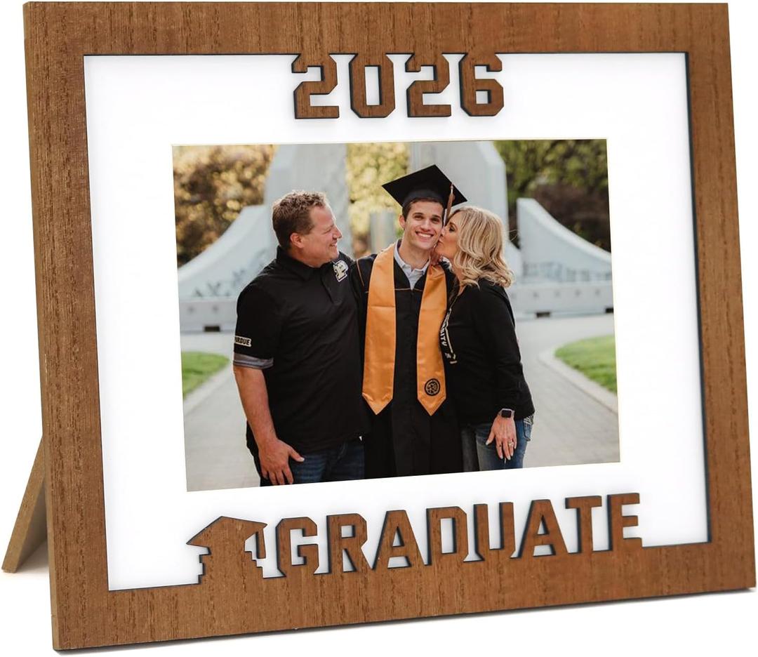 2026 Graduation Photo Frame, Laser Engraved Wood Keepsake for Class of 2026, 8x10 & 5x7 Double Opening with White Mat, Senior Graduation Gift & Party Decoration, Wood Landscape
