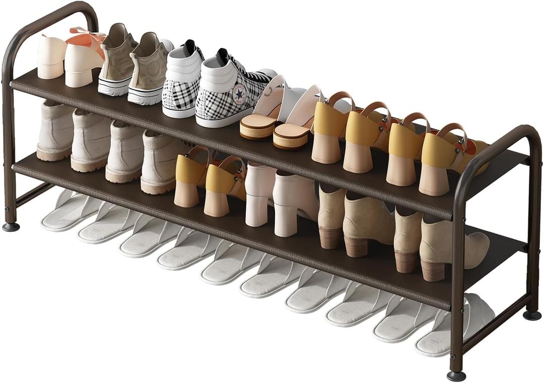 INGIORDAR Shoe Rack 2 Tier Long Storage Organizer Wide Metal Shoe Shelf for Closet Entryway Brown