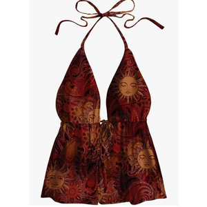 GORGLITTER Women's Tie Front Halter Top Graphic Split Backless Deep V Neck Goth Fairy Grunge Vest Tops Size M