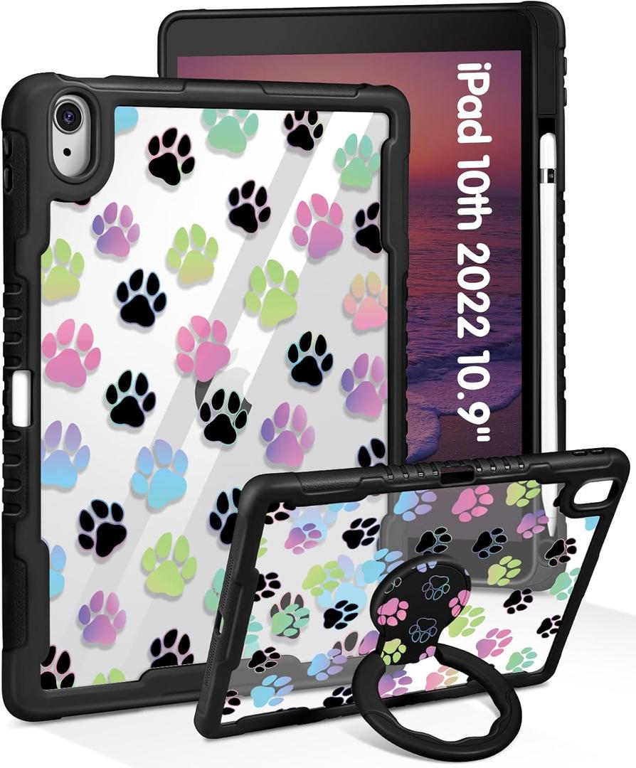 for iPad (A16) 11th Generation 11 Inch 2025 Case, for iPad 10th Generation Case 2022 10.9 Inch - Women Girls Cute with Pencil Holder & Stand Clear Girly Kawaii Design Protective Hard Cover (Paw Print)
