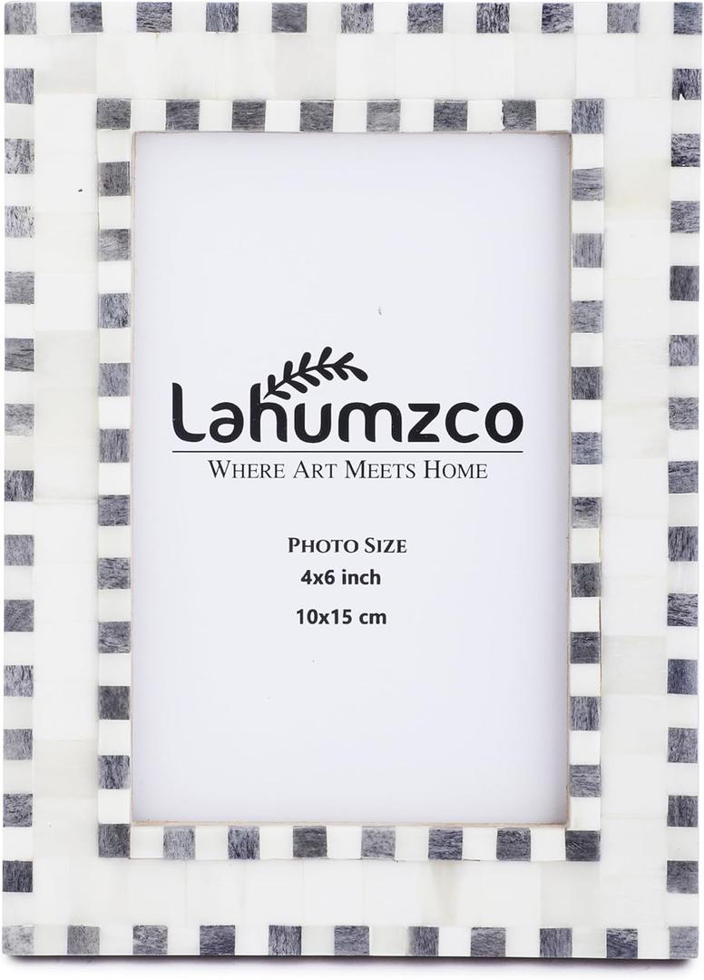 4x6 Checked Pattern Picture Frame Handmade Beading Art Vintage Table-Top/Wall Dcor Boho Bone Photo Frames -Gray/White