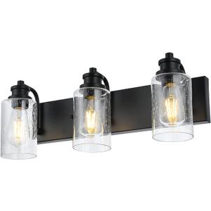 VINLUZ 3 Lights Black Vanity Light Fixtures Over Mirror with Seedy Glass Shade, Industrial Wall Mount Lamp Metal Bathroom Lighting