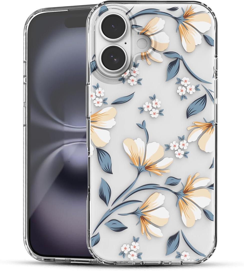 Ranz Case for iPhone 16 Plus, Anti-Scratch Shockproof Series Clear Hard PC+ TPU Bumper Protective Cover Case for iPhone 16 Plus (6.7") - Lily Flower