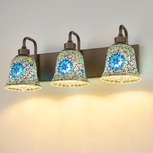 zeyu Bathroom Light Fixtures, 3-Light Bathroom Vanity Light, 22 Inch Modern Wall Sconces with Blue Mosaic Glass, Oil Rubbed Bronze Finish, ZSL72B-3W ORB-BL