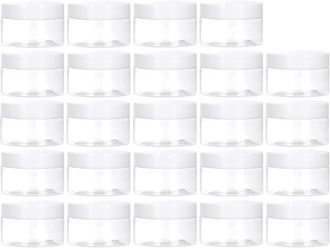 TUZAZO 20 Pack 1 OZ Plastic Jars Round Clear Cosmetic Container Jars with Lids, Low Profile for Lotion, Cream, Ointments, Makeup, Eye Shadow, Rhinestone, Samples, Pot, Travel Storage